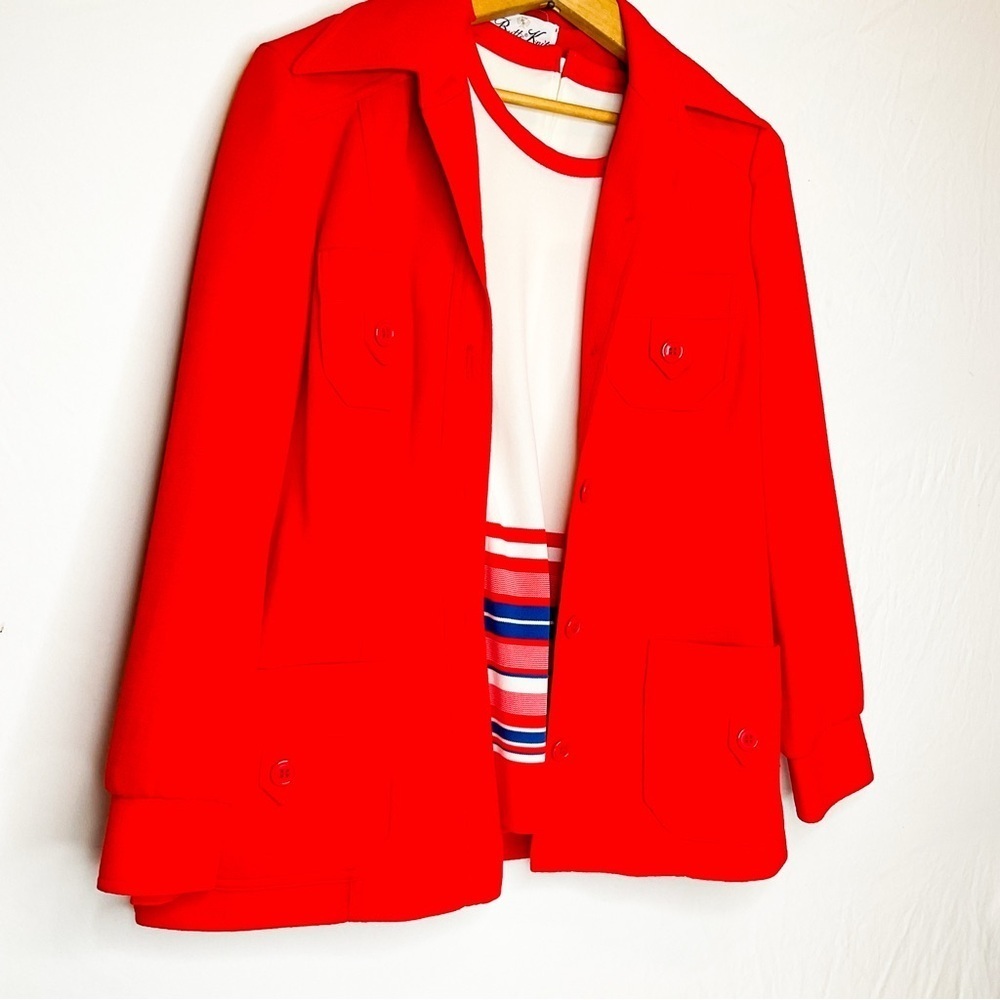 VINTAGE 70s Vibrant Red Jacket with Striped Matching Shirt Set